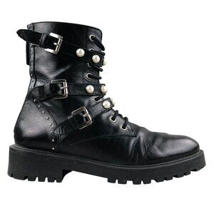 Zara Women's EU 39 Basic Collection Black Pearl Studded Lace-Up Combat Boots